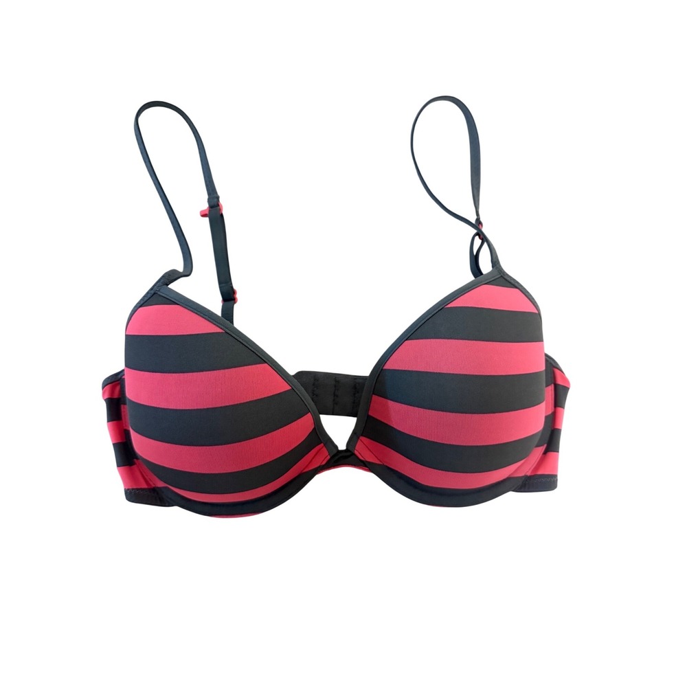 Xhilaration Pink Charcoal‎ Grey Striped T-Shirt Bra 34C Adjustable Straps Plunge